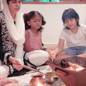 Read more about the article Mandira Bedi shares pic of special Pooja along with her kids, held a month after spouse Raj Kaushal’s demise